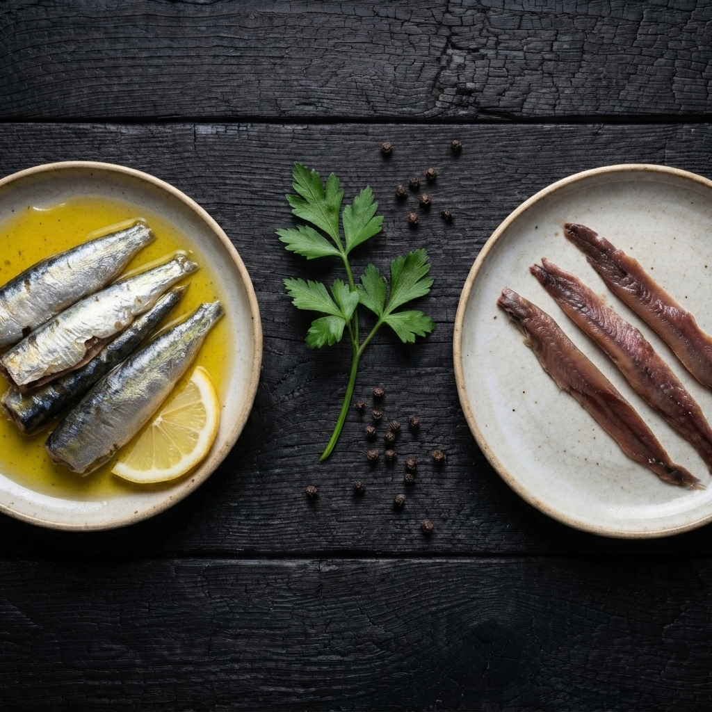 Difference between sardines and anchovies — open tins of sardines in olive oil and Cantabrian anchovy fillets side by side