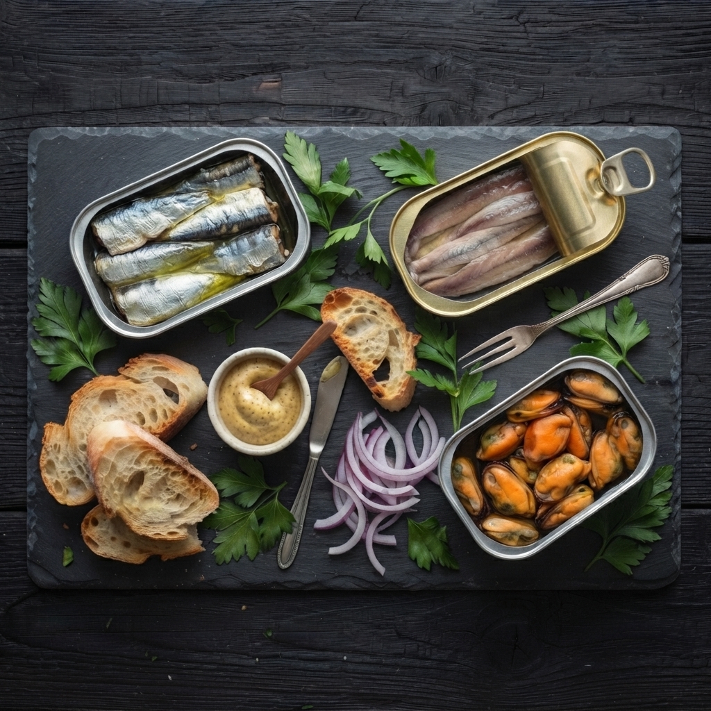 How to make a tinned fish board — premium tinned sardines, anchovies, mackerel and mussels arranged on a board with sourdough, cornichons and lemon