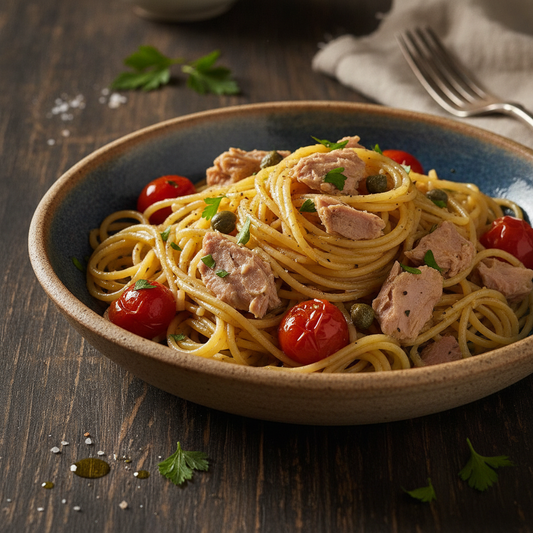 Pasta al tonno — Italian tuna pasta with tomatoes, garlic and chilli flakes in a wide pan