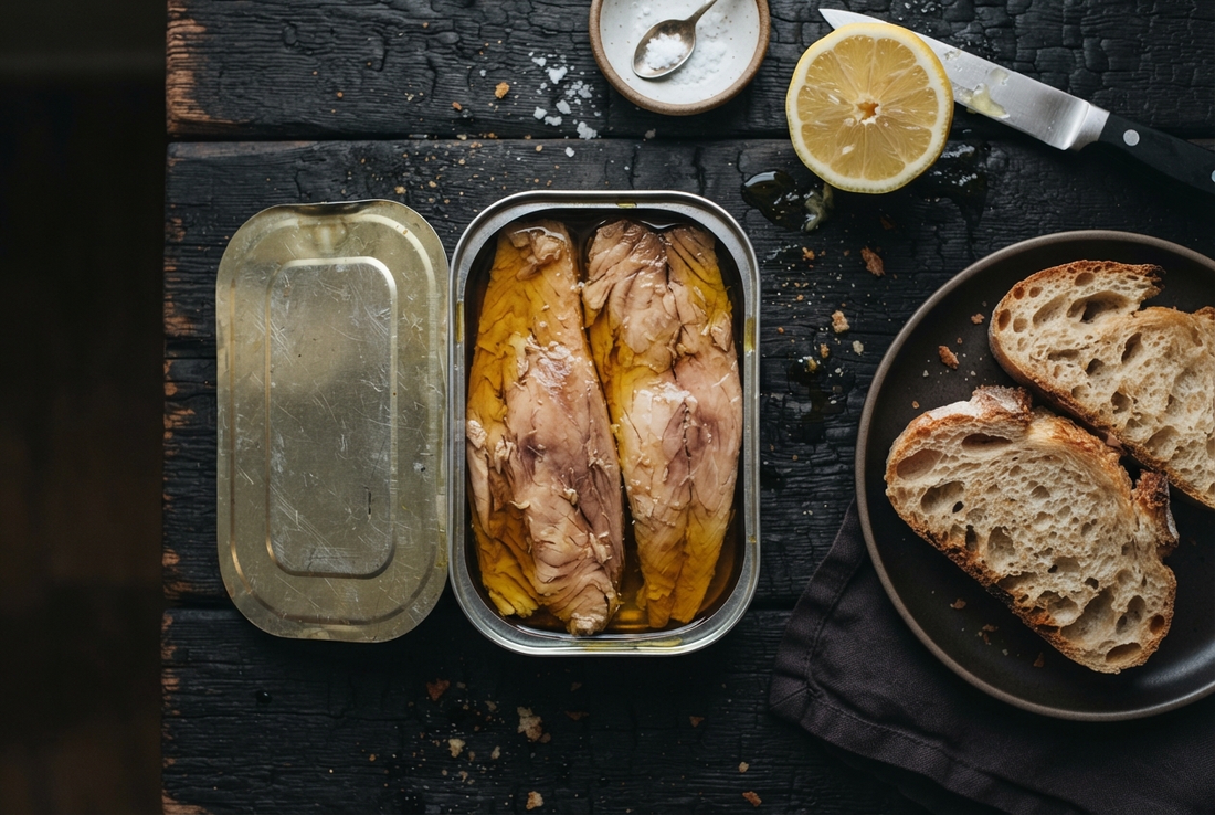 What is ventresca tuna — open tin of ventresca tuna belly in olive oil showing the rich, marbled flesh