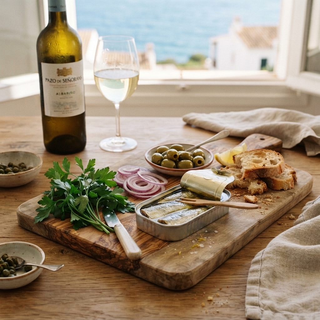 What to serve with sardines — sourdough toast, cornichons, lemon, capers and flat-leaf parsley alongside open tins of sardines